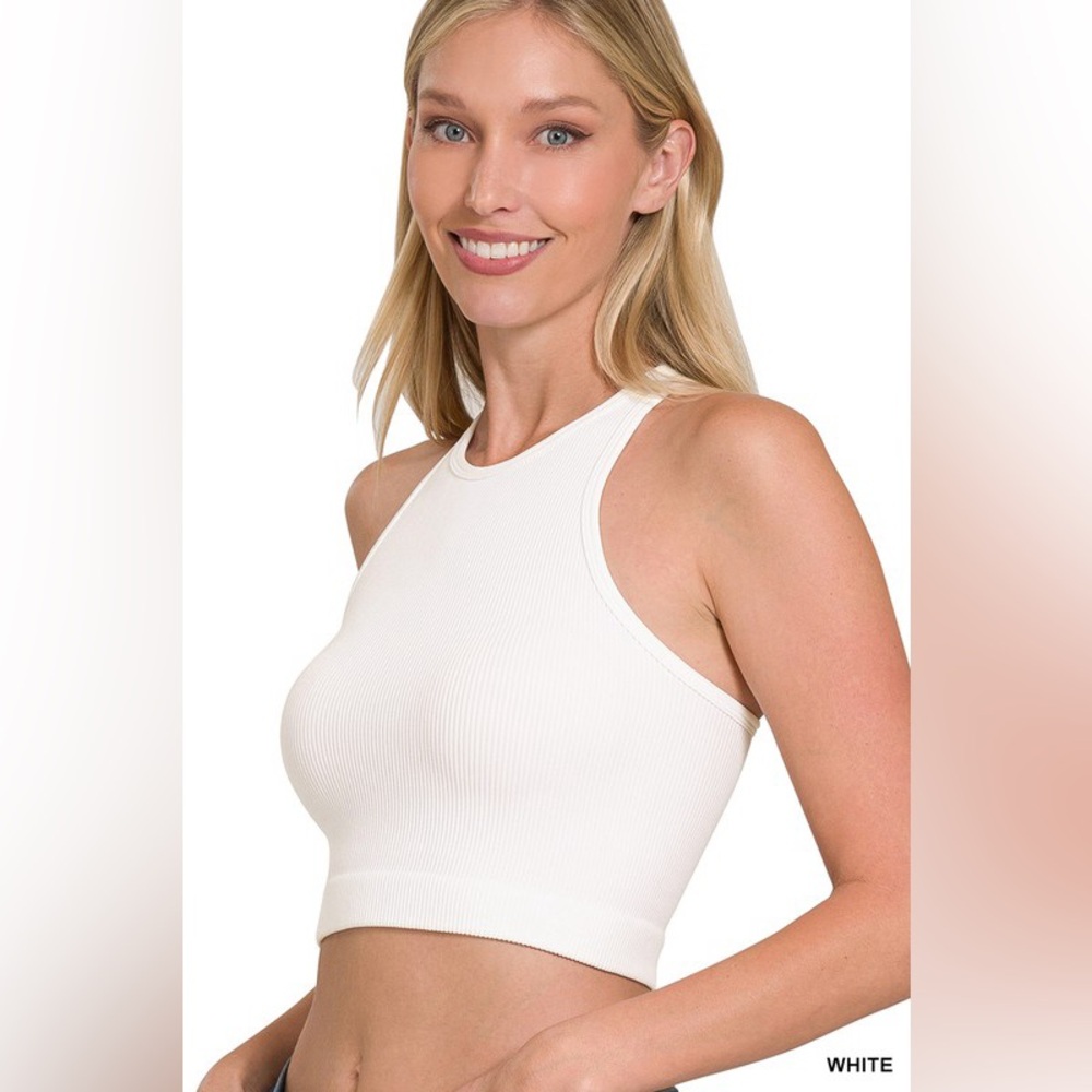 Ribbed Seamless High-Neck Cropped Tank Top